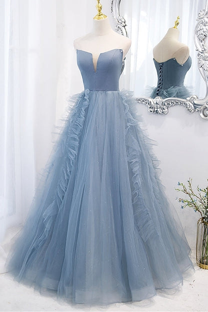 Strapless Blue A-line Long prom Gown