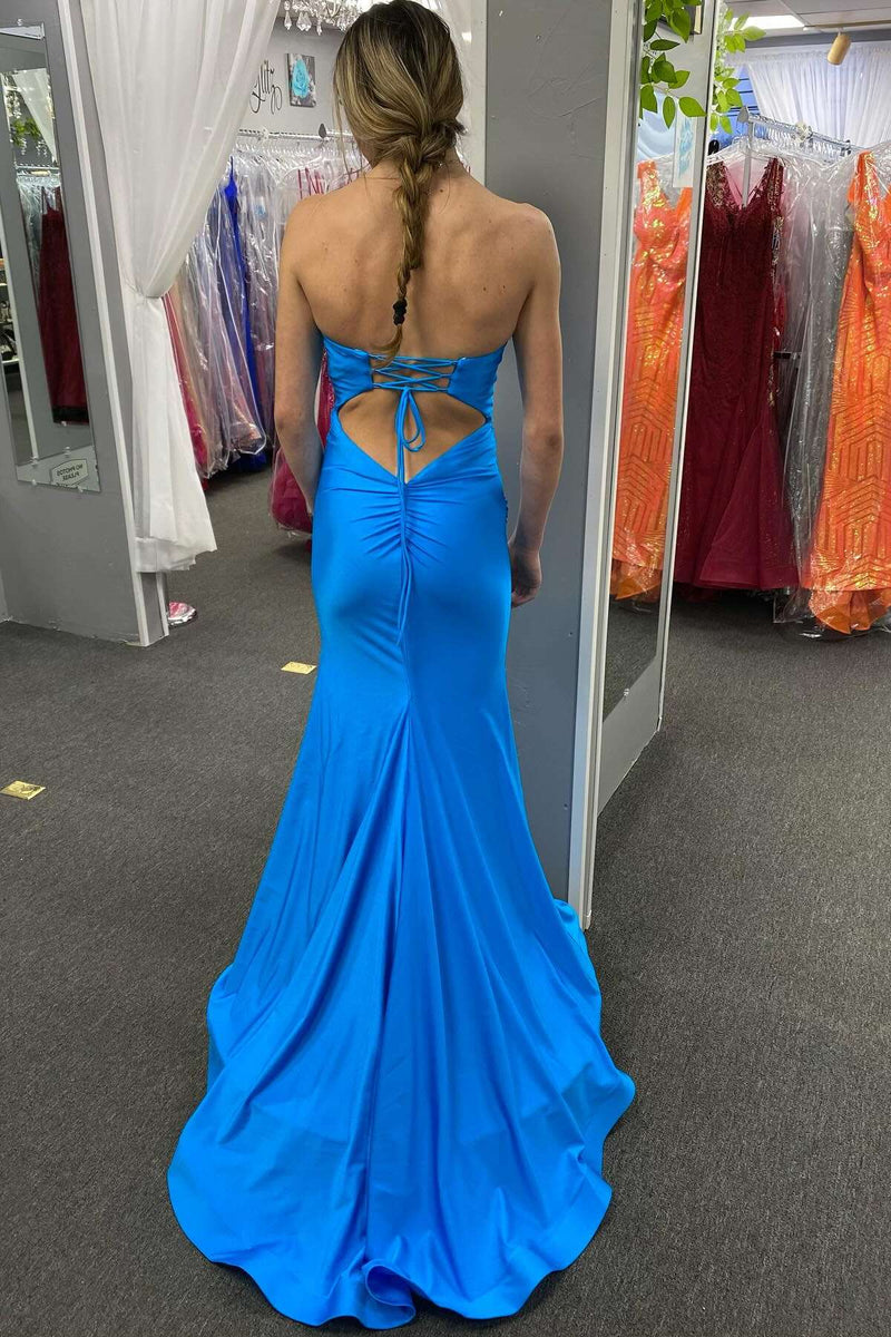 Strapless Blue Fitted Long Party Dress