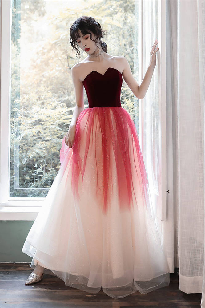Strapless Burgundy Long Party Dress