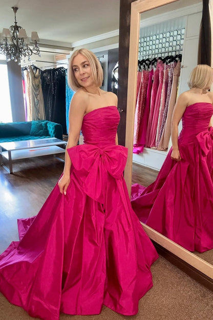 Strapless Fuchsia Ruched Satin Long Prom Dress with Bow