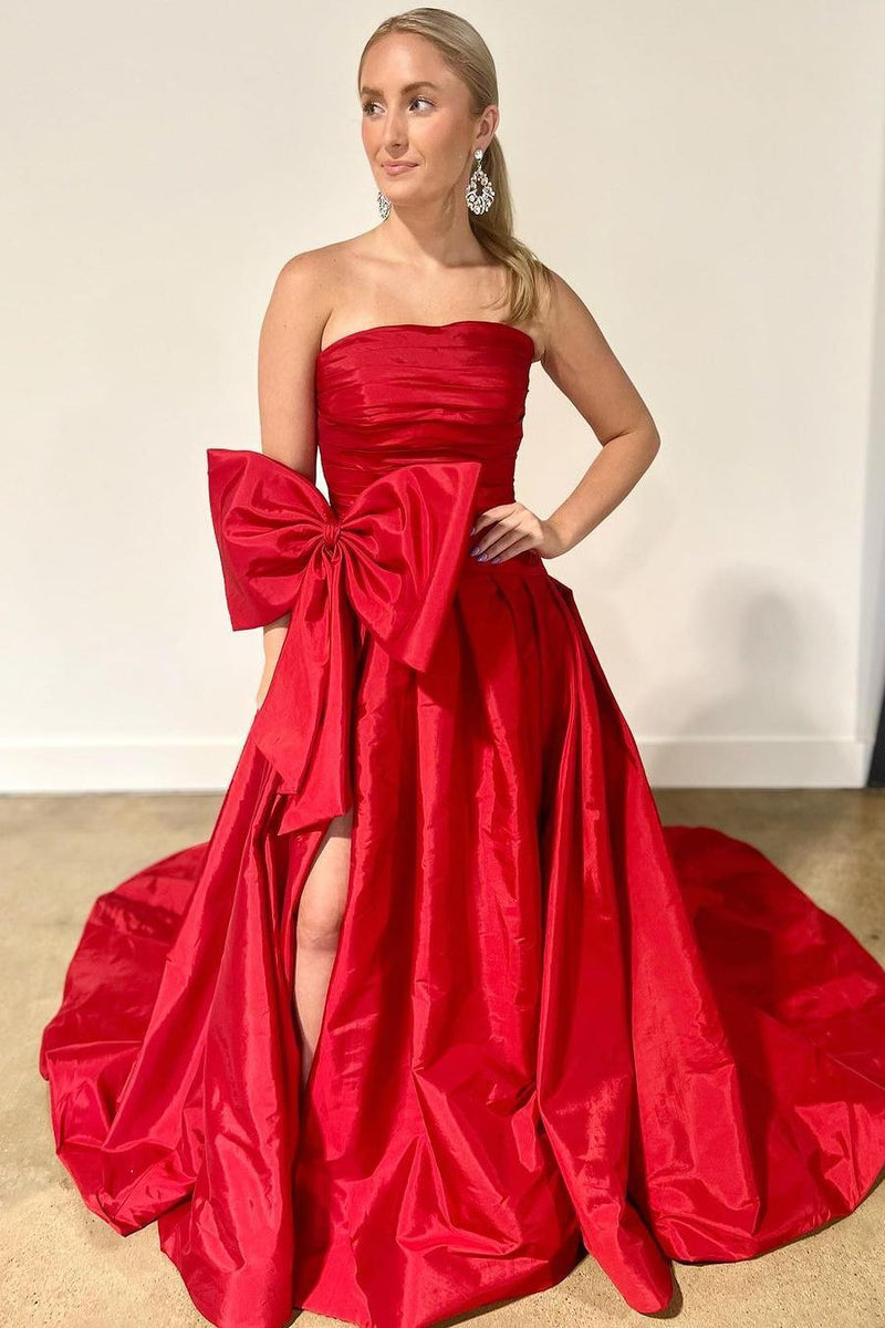 Strapless Fuchsia Ruched Satin Long Prom Dress with Bow