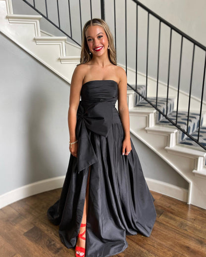 Strapless Fuchsia Ruched Satin Long Prom Dress with Bow