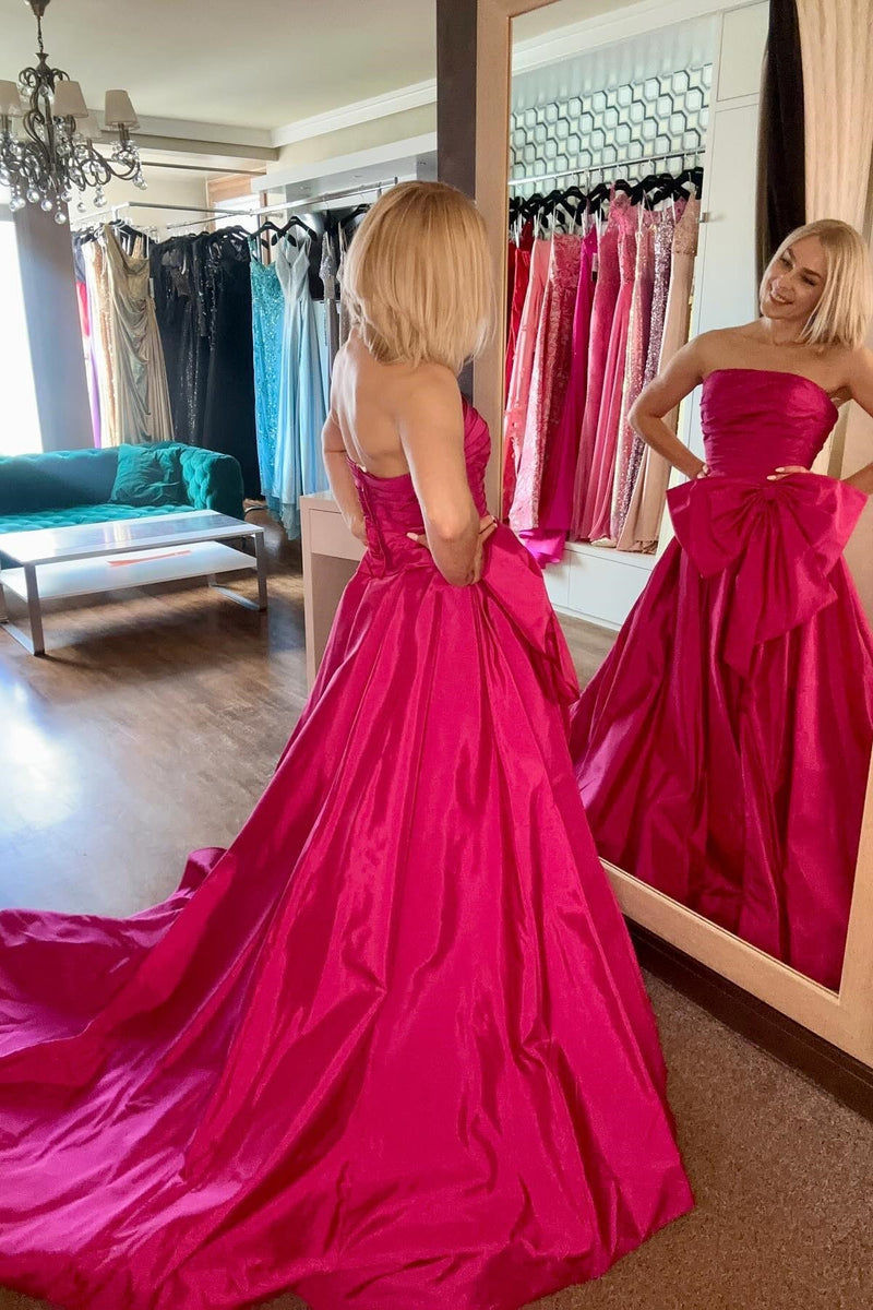Strapless Fuchsia Ruched Satin Long Prom Dress with Bow