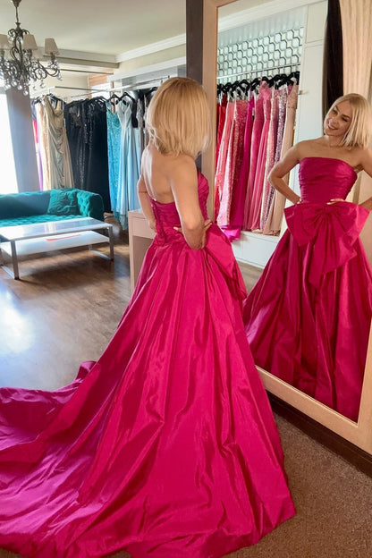 Strapless Fuchsia Ruched Satin Long Prom Dress with Bow