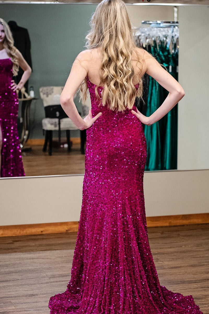 Strapless Fuchsia Sequin Mermaid Long Prom Dress with Slit