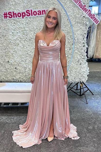 Strapless Gold Ruched A-line Long Formal Dress