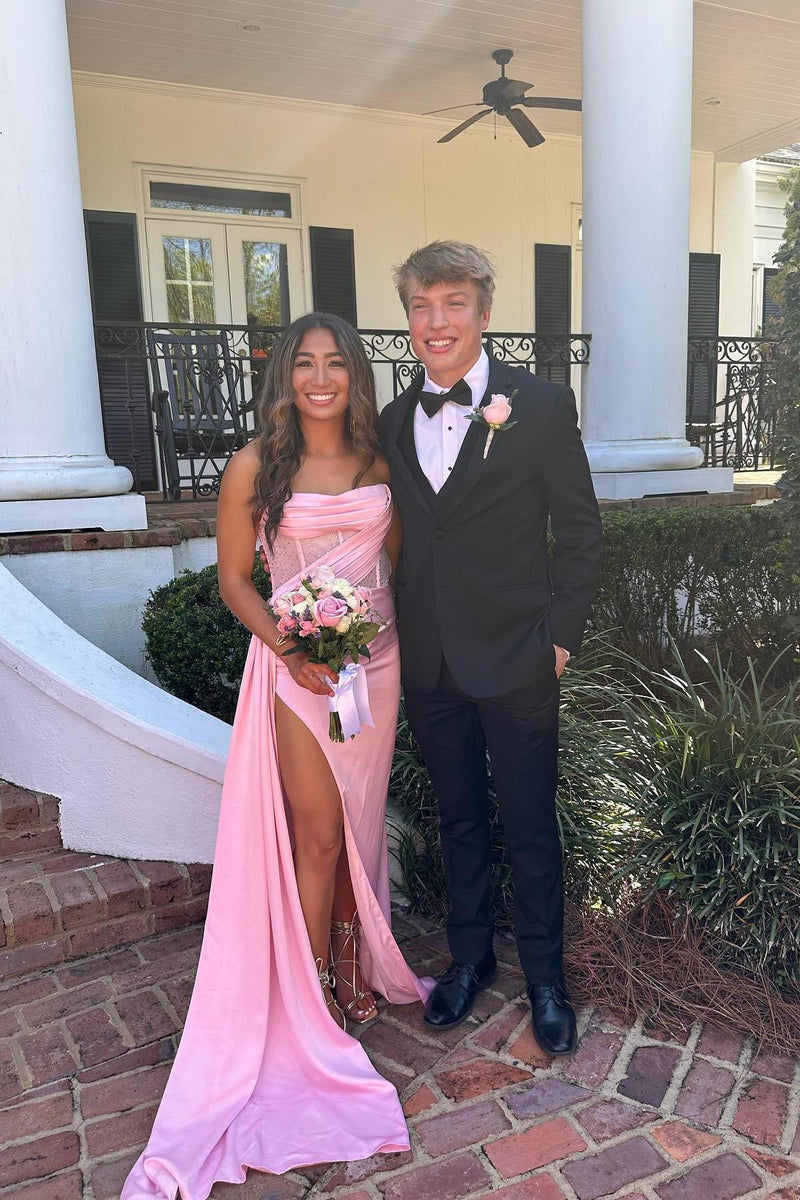 Strapless Green Satin Fitted Long Formal Dress with Train