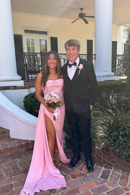 Strapless Green Satin Fitted Long Formal Dress with Train