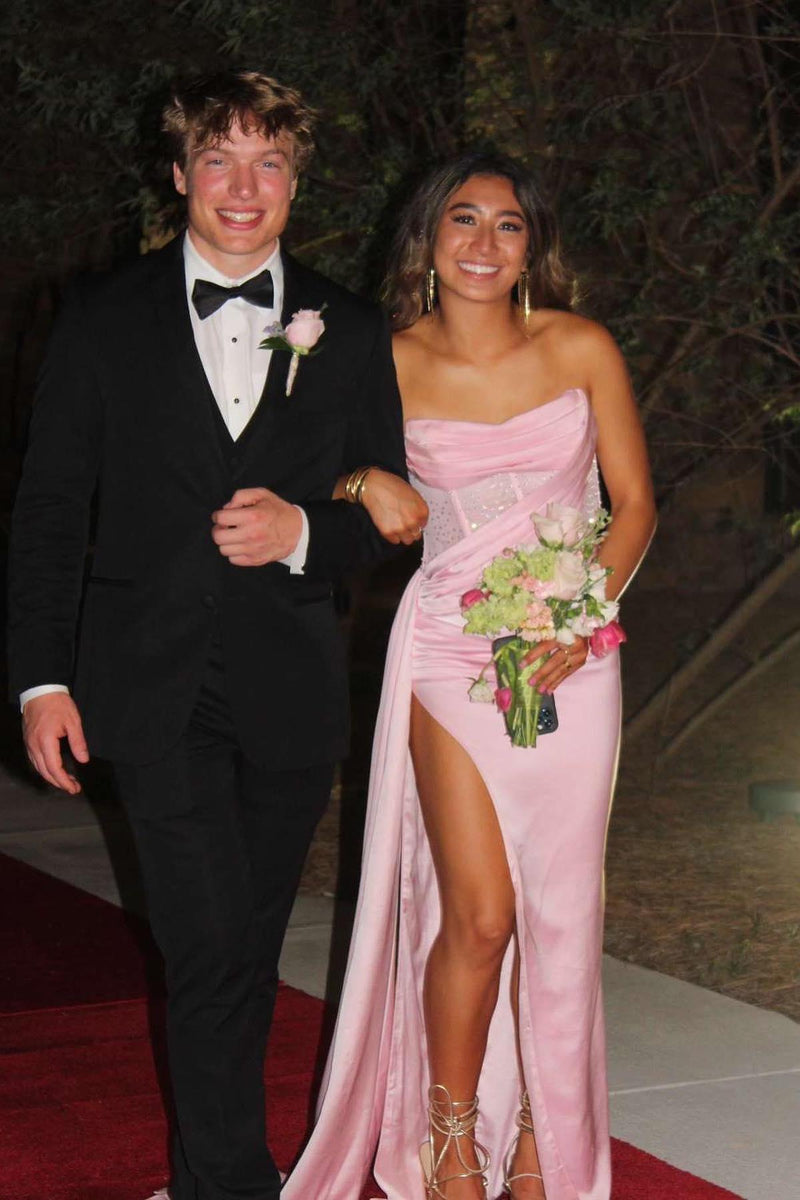 Strapless Green Satin Fitted Long Formal Dress with Train