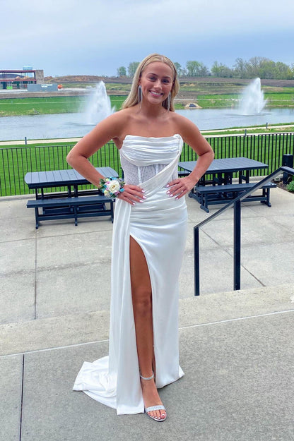 Strapless Green Satin Fitted Long Formal Dress with Train