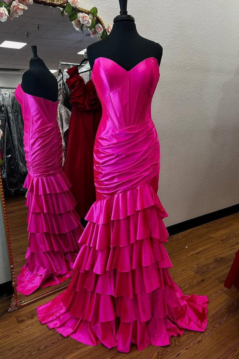 Strapless Green Satin Fitted Ruffle Prom Dress