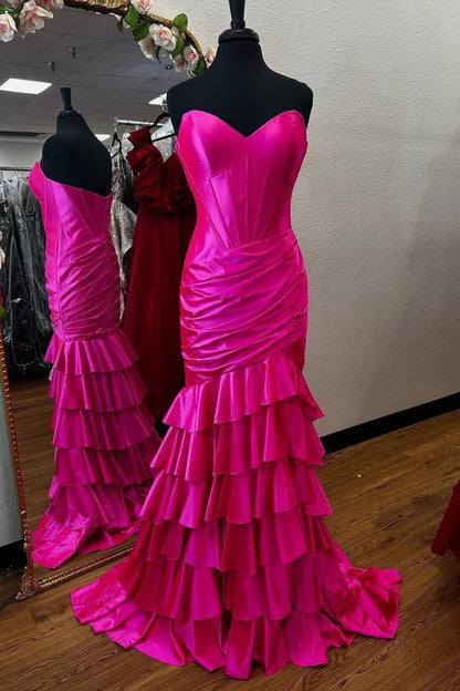Strapless Green Satin Fitted Ruffle Prom Dress