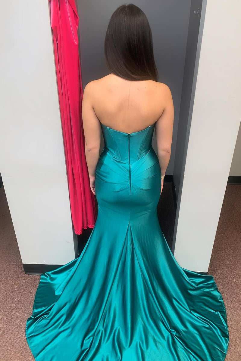 Strapless Green Satin Mermaid Prom Dress