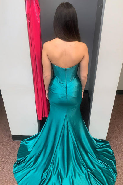 Strapless Green Satin Mermaid Prom Dress