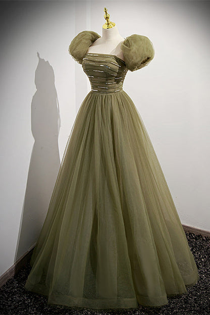 Strapless Green Tulle A-line Long Formal Dress