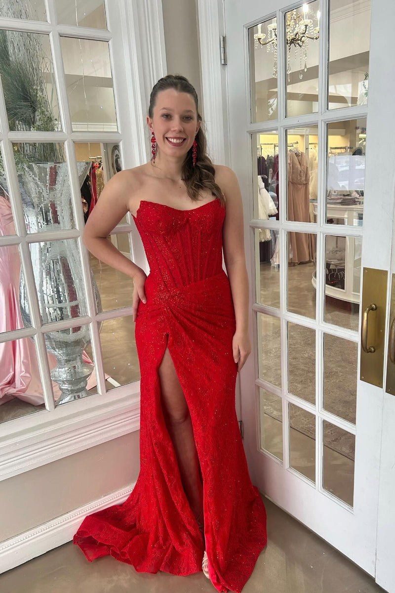 Strapless Hot Pink Lace Mermaid Long Formal Dress with Slit
