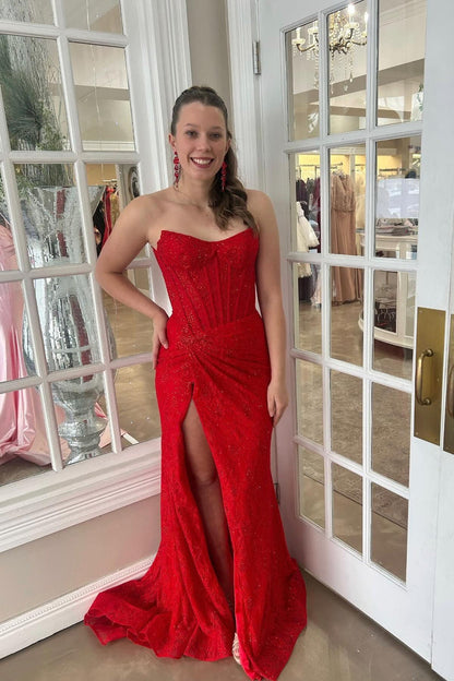 Strapless Hot Pink Lace Mermaid Long Formal Dress with Slit