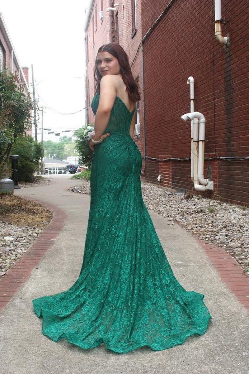 Strapless Hot Pink Lace Mermaid Long Formal Dress with Slit