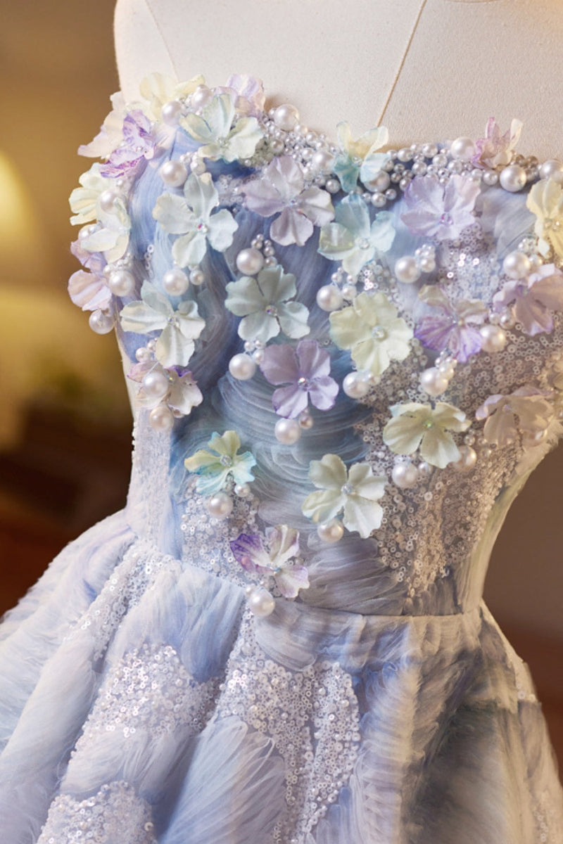 Strapless Lace Floral Applique Baeding A-line Homecoming Dress