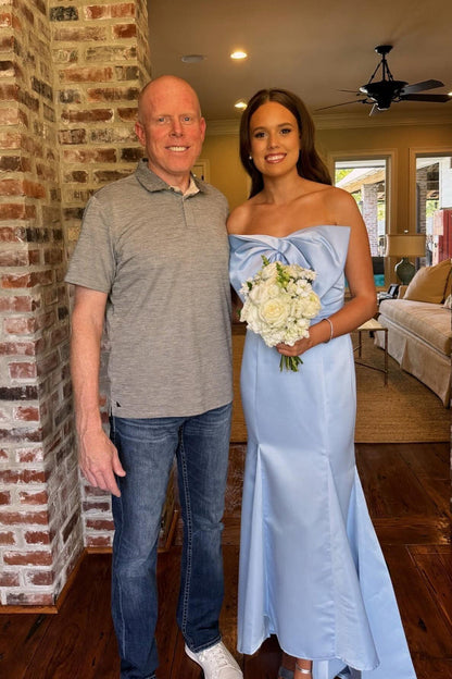 Strapless Light Blue Bow Mermaid Long Formal Dress