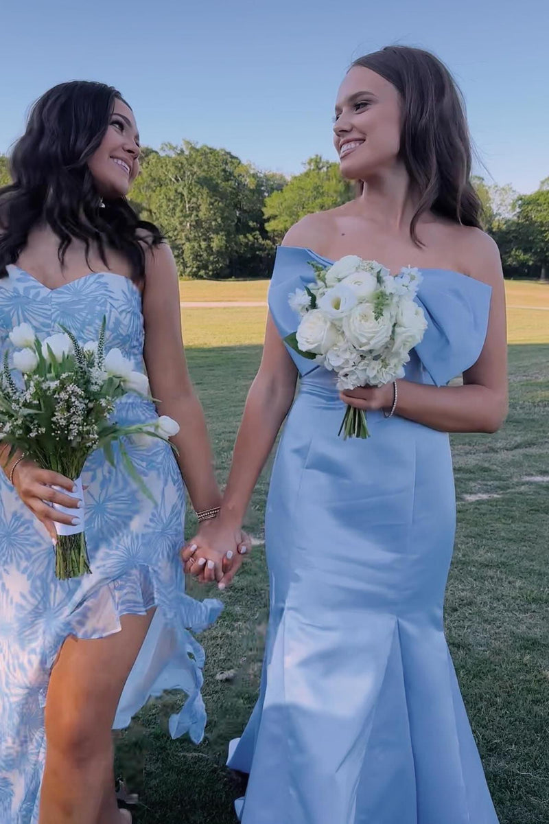 Strapless Light Blue Bow Mermaid Long Formal Dress