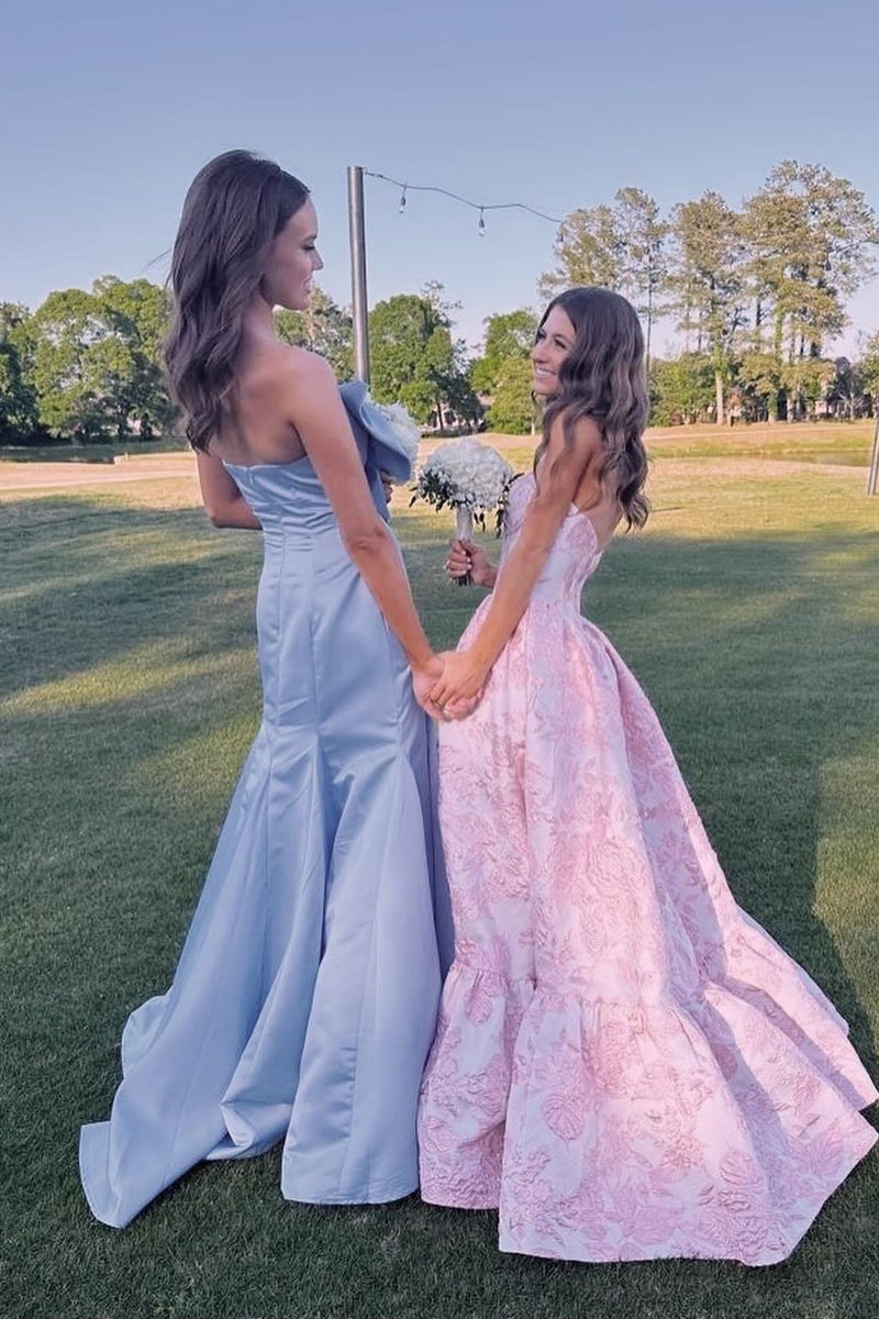 Strapless Light Blue Bow Mermaid Long Formal Dress