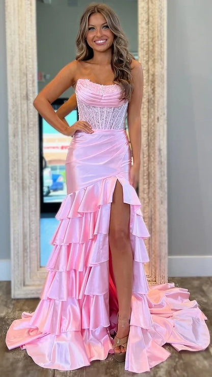 Strapless Mermaid Ruffle Prom Dresses Appliques Pleated Evening Party Dress,AST2208