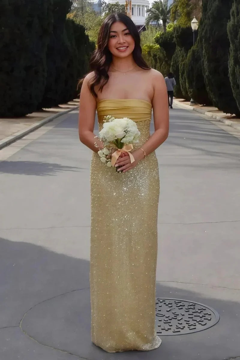 Strapless Pearl Sheath Long Prom Dresses, AST2315