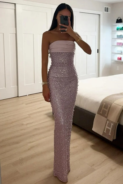 Strapless Pearl Sheath Long Prom Dresses, AST2315