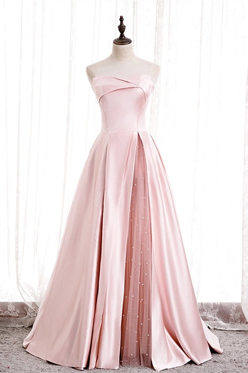 Strapless Pink A-line Satin Long Formal Dress