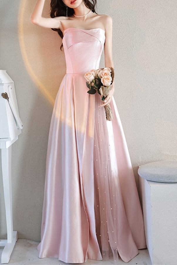 Strapless Pink A-line Satin Long Formal Dress