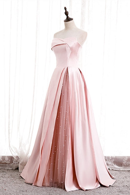 Strapless Pink A-line Satin Long Formal Dress