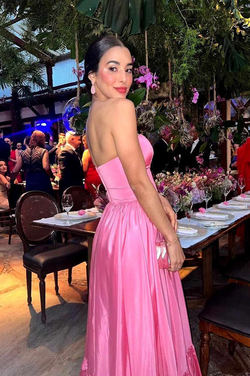 Strapless Pink A-line Taffeta Long Formal Dress