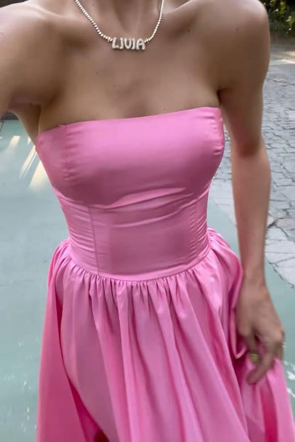 Strapless Pink A-line Taffeta Long Formal Dress