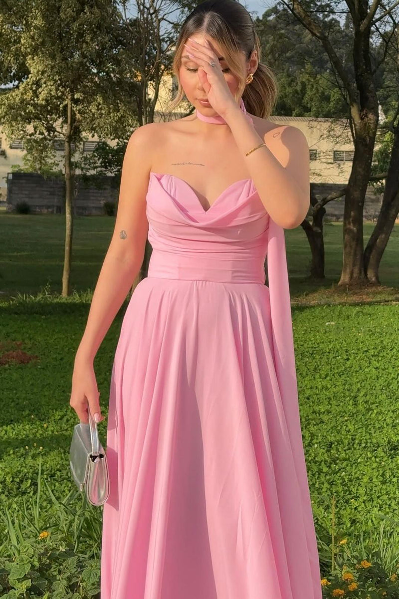 Strapless Pink Chiffon A-line Long Formal Dress