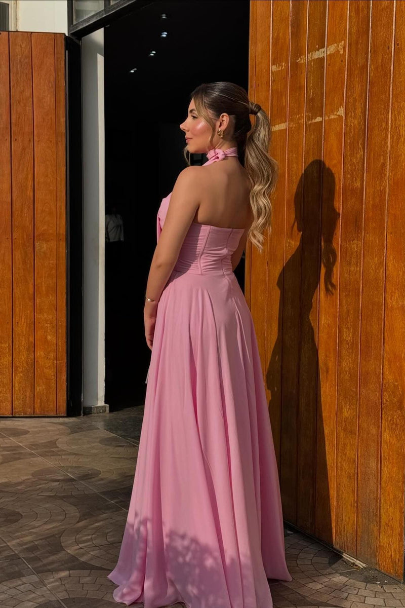 Strapless Pink Chiffon A-line Long Formal Dress
