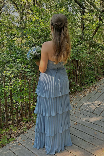 Strapless Pink Chiffon Pleated Tiered Maxi Dress