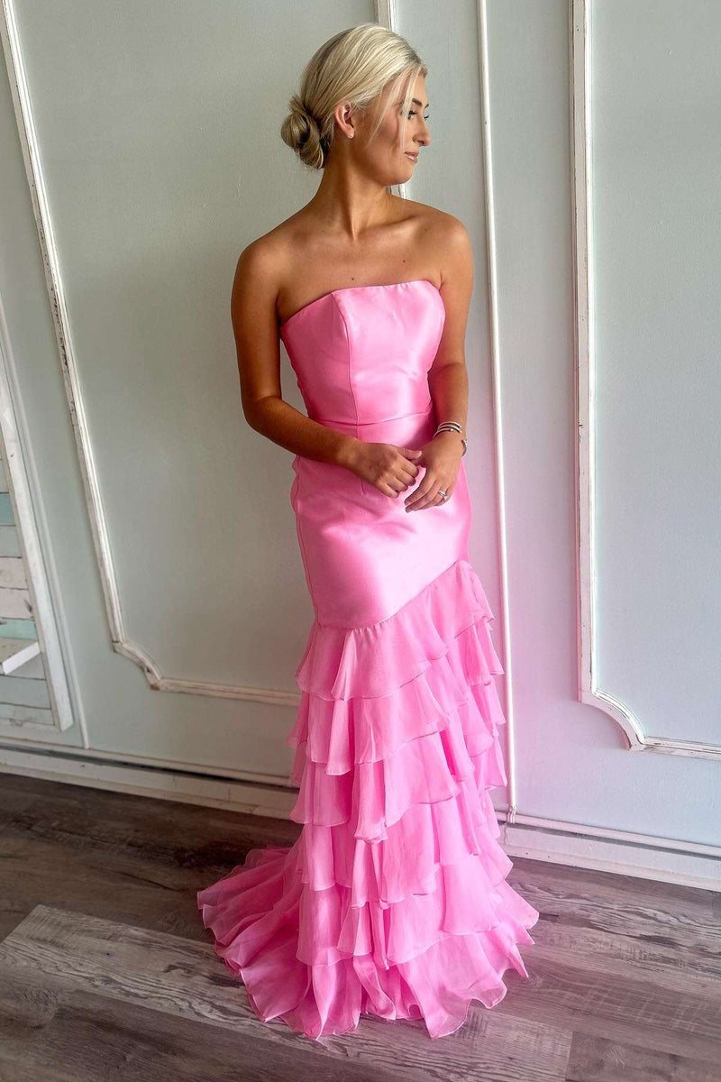 Strapless Pink Fitted Ruffle Long Party Dress