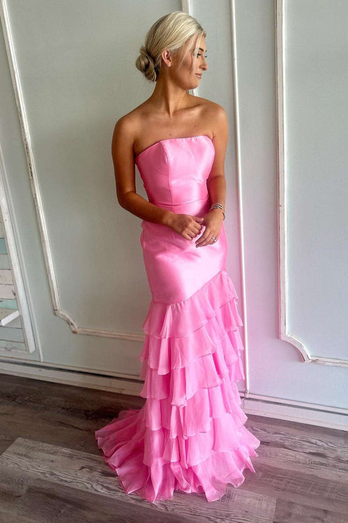 Strapless Pink Fitted Ruffle Long Party Dress