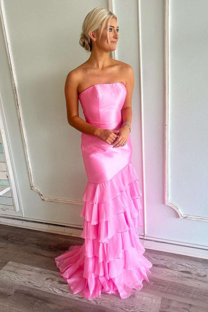 Strapless Pink Fitted Ruffle Long Party Dress