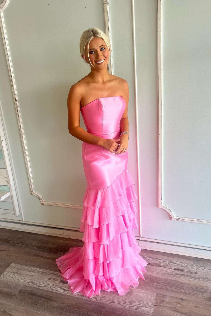 Strapless Pink Fitted Ruffle Long Party Dress