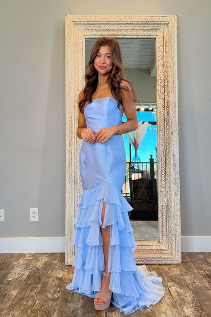 Strapless Pink Fitted Ruffle Long Party Dress