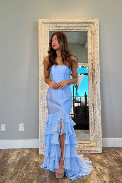 Strapless Pink Fitted Ruffle Long Party Dress