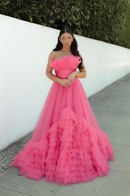 Strapless Pink Tulle Emprie Ruffles A-line Gown