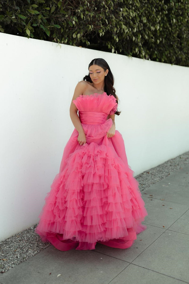Strapless Pink Tulle Emprie Ruffles A-line Gown