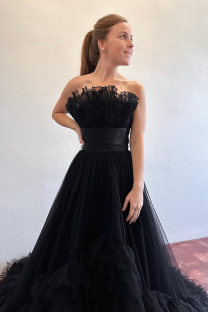 Strapless Pink Tulle Emprie Ruffles A-line Gown