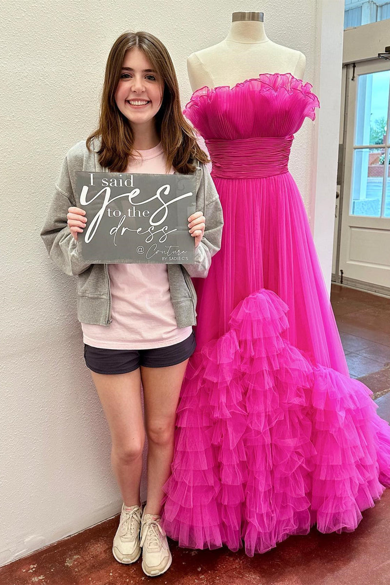 Strapless Pink Tulle Emprie Ruffles A-line Gown