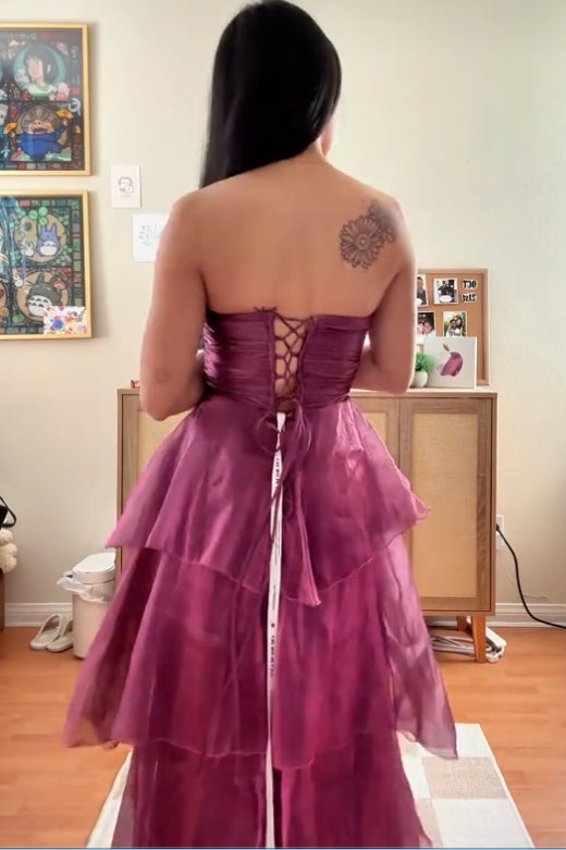 Strapless Plum A-line Long Party Dress with Ruffles