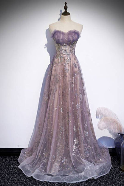 Strapless Purple A-line Long Prom Dress