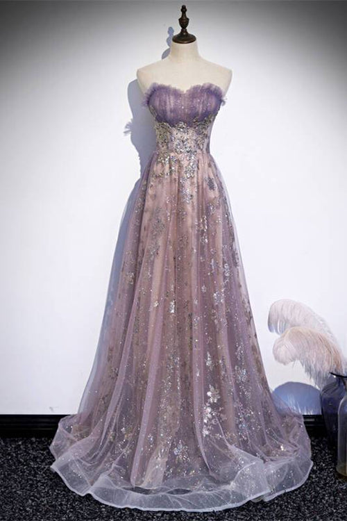 Strapless Purple A-line Long Prom Dress